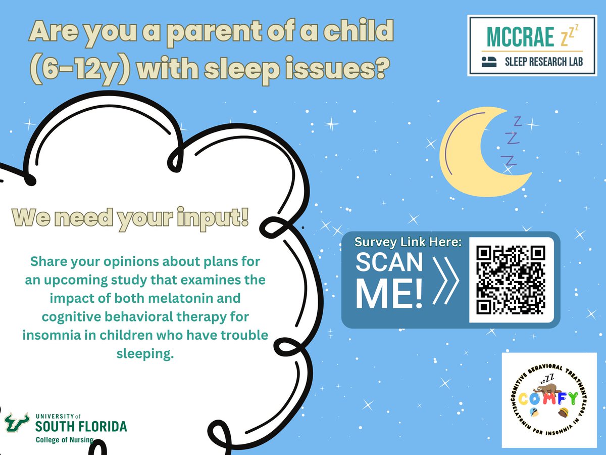 McCrae Sleep Research Lab (@mccraesleep) on Twitter photo Help us design research that will directly impact your child and communities' life. We need your input on our upcoming study comparing the impact of both melatonin and CBTi in children ages 6-12 with sleep troubles. If interested, please reach out to CON-mccraelab@usf.edu. Help us design research that will directly impact your child and communities' life. We need your input on our upcoming study comparing the impact of both melatonin and CBTi in children ages 6-12 with sleep troubles. If interested, please reach out to CON-mccraelab@usf.edu.