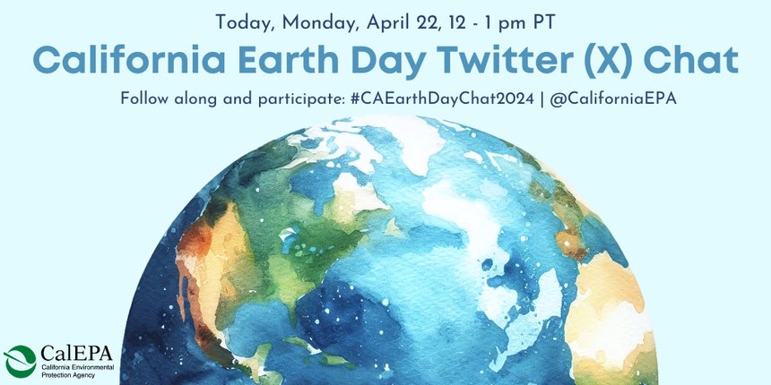 TODAY AT 12 PM: California is on the front lines of #ClimateChange and its impacts. On #EarthDay2024, join #CAEarthDayChat2024, hosted by @CaliforniaEPA, to talk about why it’s important to you to #ProtectOurPlanet and take #ClimateAction, with a focus on #PlanetVsPlastics.