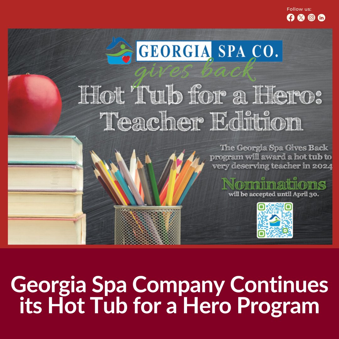 Georgia Spa Company will award a Hot Tub for a Hero to a deserving teacher through its Gives Back program.

Read More: sparetailer.com/georgia-spa-co…
@GeorgiaSpaComp

#SpaRetailer #GeorgiaSpaCompany #HotTubforaHero #TeacherAppreciation #GivesBackProgram #DeservingTeacher