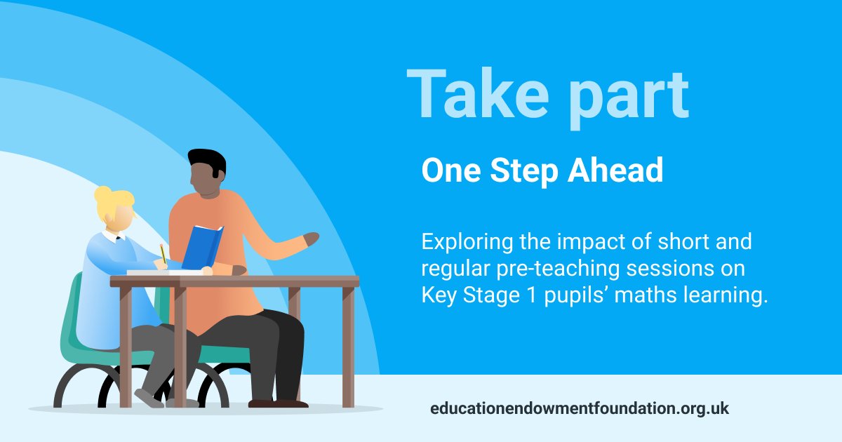 📣 Sign up now to take part in a Teacher Choices project!  
 
"One Step Ahead" will explore the effectiveness of pre-teaching on Key Stage 1 children’s maths.  
 
Find out more and apply: tinyurl.com/4vvpcf9v