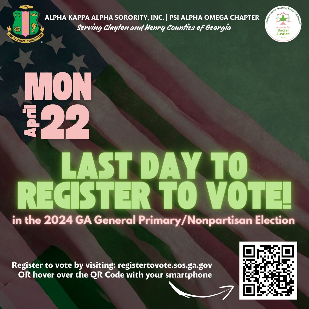 Do you still need to register to vote? TODAY Monday, April 22nd is the LAST DAY TO REGISTER. For more information, visit registertovote.sos.ga.gov OR you can hover over the QR Code below.

#PAOInExcellence #AKA1908 #PAOVotes