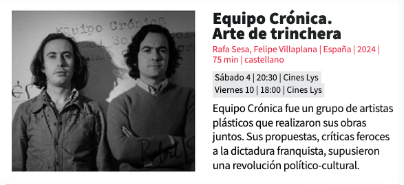 Por fín llega a los cines "Equipo Crónica: arte de trinchera", donde trabajé de guionista de un fantástico documental. Se proyecta en <a href="/DocsValencia/">DocsValencia</a> <a href="/estrelacineytv/">Estrela Audiovisual</a>