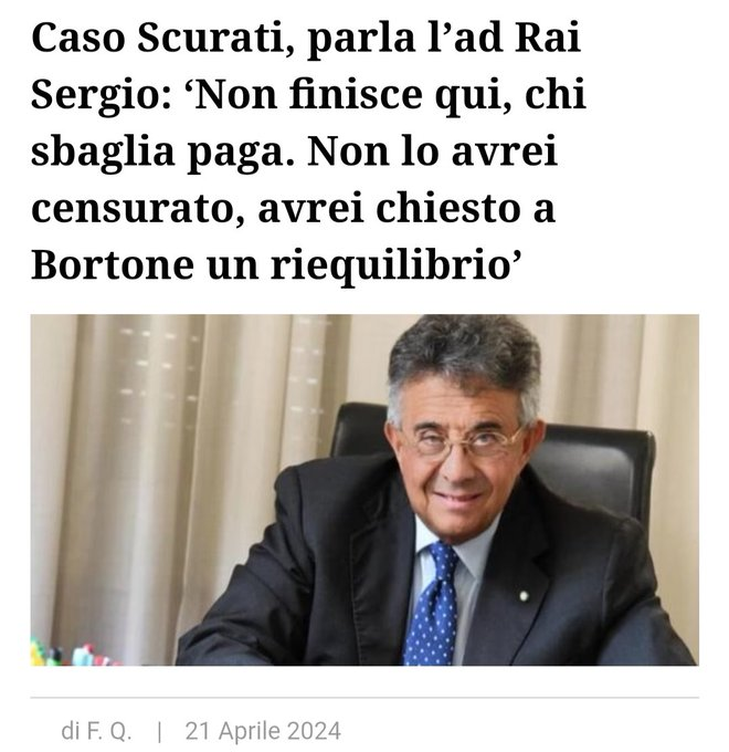 AlienteSolc's tweet photo. @DomPer888 Tanto per ristabilire la verità: questo è quanto detto dall'ad ("amministratore delegato" per gli analfabeti destronzi) RAI Sergio, in forza FDI: si tratta di CENSURA!!!! Nulla a che fare col rimborso spese, di 1.500€: una vera coglioneria per idioti! https://t.co/S0ONzGut3B