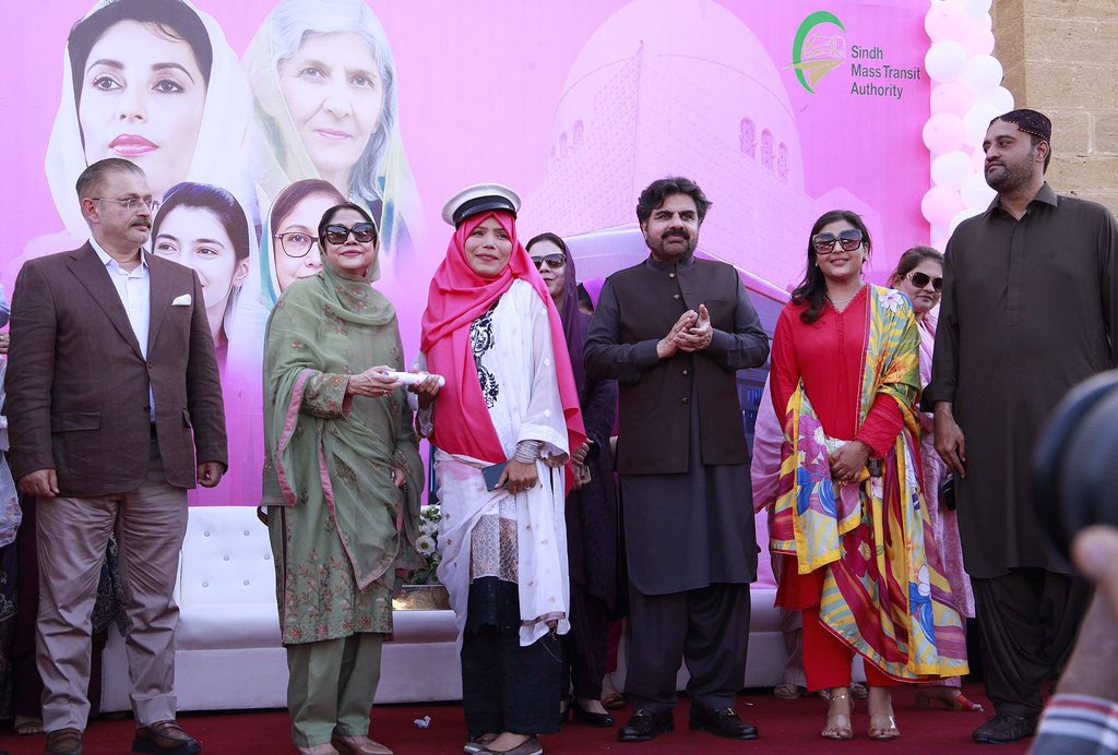 SumetaSyed's tweet photo. Inauguration of additinal fleet for #PinkPeoplesBusService in Karachi with Adi @FaryalTalpurPk and Sr Minister @sharjeelinam. In addition, female deiver who have received training from @SMTA_GoS were given licenses. PPP for women Empowerment! https://t.co/kGBkWOhu2O