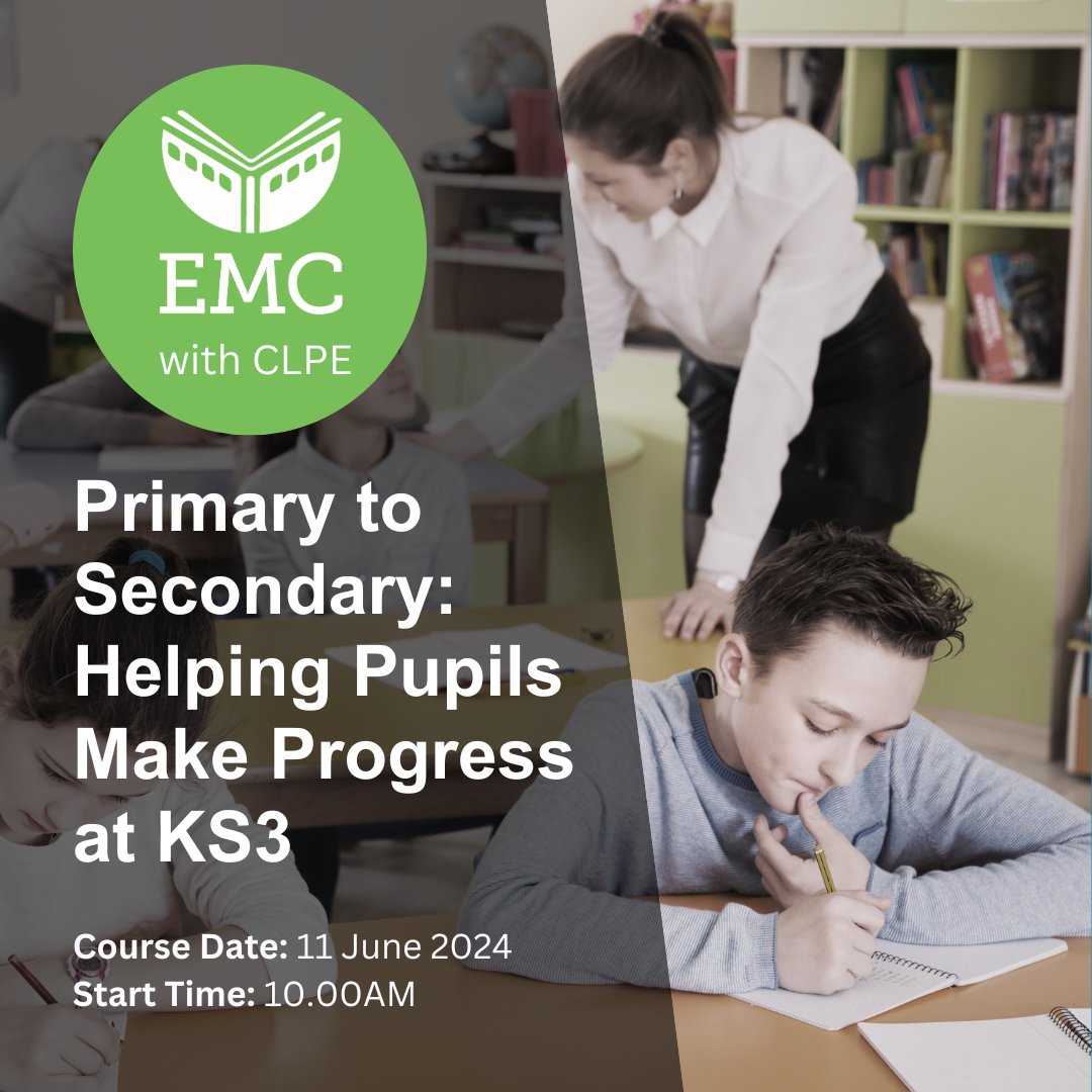 EMC CPD Face-to-Face: Primary to Secondary: Helping Pupils Make Progress at KS3, in partnership with CLPE. 'Enjoyed the course a lot, it was research informed and well thought through.' Book by: 8am on 7 Jun tinyurl.com/492mesb9 @clpe1