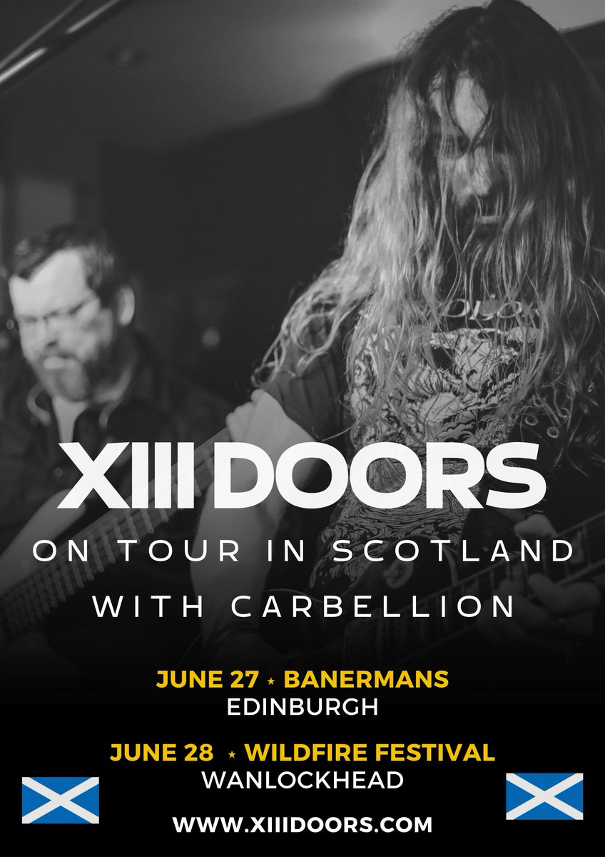 XIIIDOORS's tweet photo. 🏴󠁧󠁢󠁳󠁣󠁴󠁿 Gig Announcement 🏴󠁧󠁢󠁳󠁣󠁴󠁿
Delighted to announce that we're coming to Scotland this June to play with our friends in @carbellion 
We'll be in @BannermansBar  in Edinburgh on June 27th, and at @WildFireFestUK  on June 28th. See you guys there 🤘🤘 #bannermans #wildfirefestival https://t.co/WWRO9ZrH2z