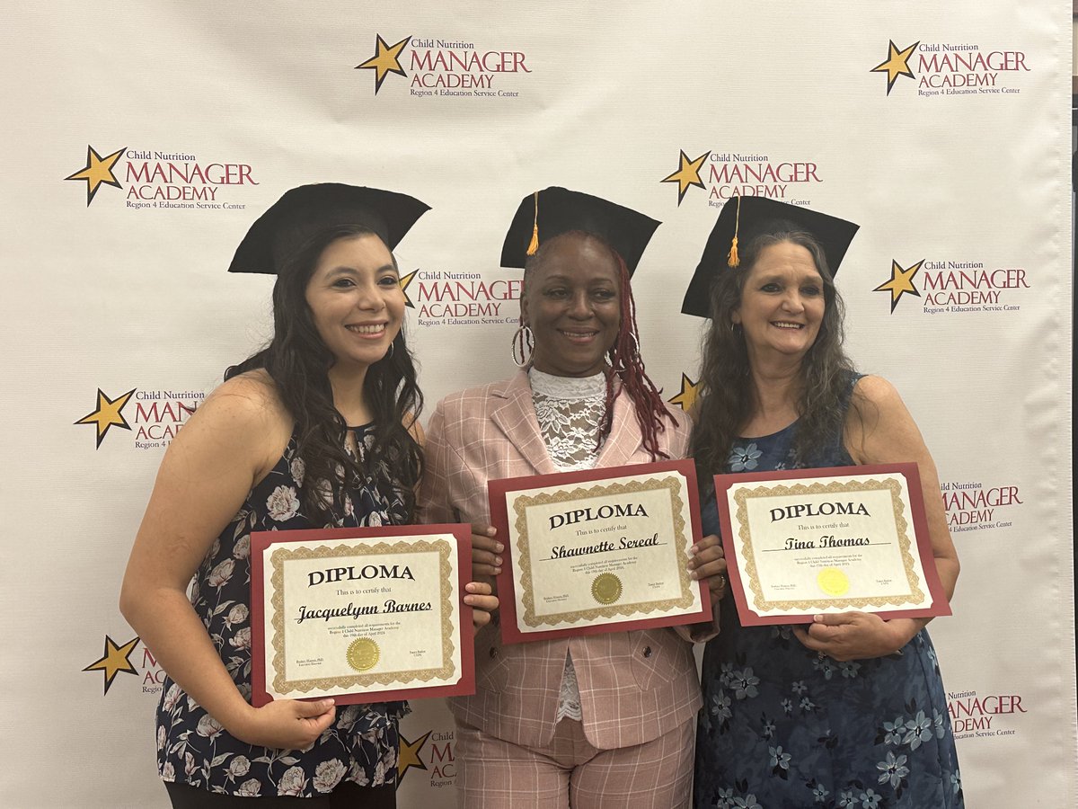 👏Congratulations to Tina Thomas, Shawnette Sereal, and Jackie Barnes, who've graduated from @Region4ESC's  Manager Academy! 🎓 Here's to your continued success in serving up excellence! #ManagerAcademy #Congratulations #SchoolLunch #MyAlvinISD