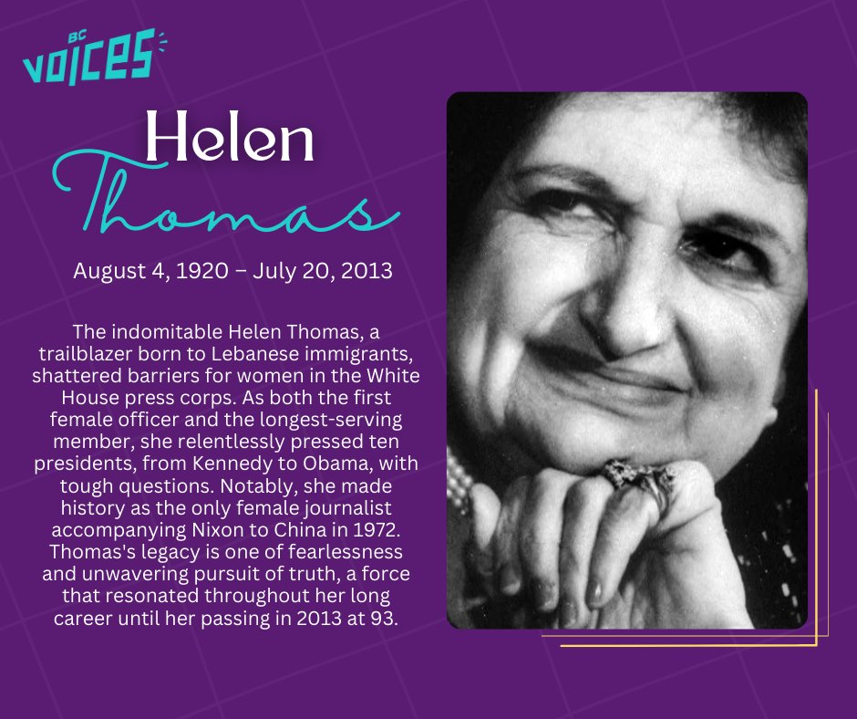 Tough questions, groundbreaking career!
Helen Thomas, a Lebanese-American icon, was the 1st female White House press corps officer. We honor her achievements this #ArabAmericanHeritageMonth. #WomenInMedia #bcvoices