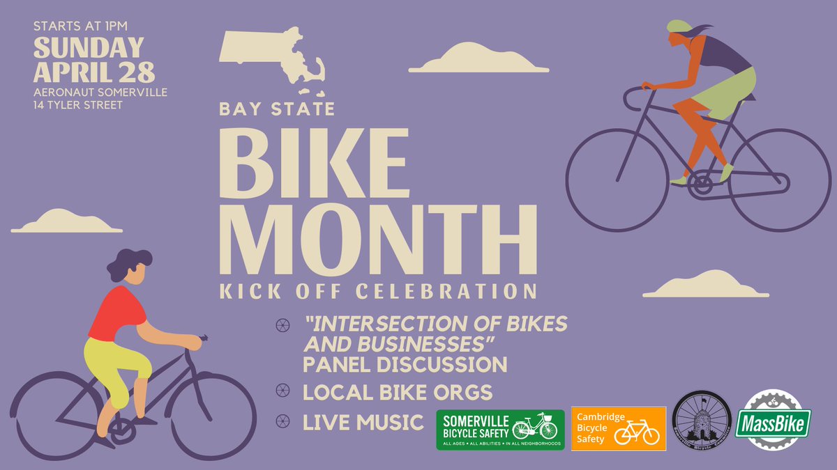On Sunday, April 28th, roll on down to @AeronautBrewing to kick off Bay State Bike Month! We'll be partying from 1pm-5pm, with a special Bikes and Business panel moderated by Somerville City Councilor @WillieBurnleyJr at 3pm! Learn more & RSVP: massbike.org/2024_bay_state…