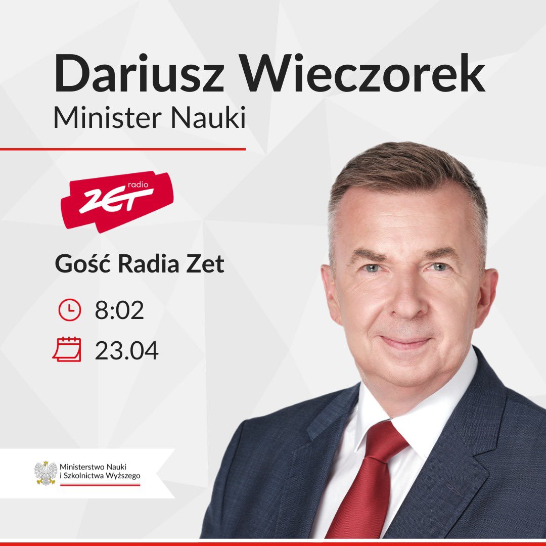 #MinisterNauki @wieczorekdarek jutro o godz. 8:02 będzie gościem audycji @Gosc_RadiaZET na antenie @Radio_ZET. 📻 Zapraszamy do słuchania: radiozet.pl