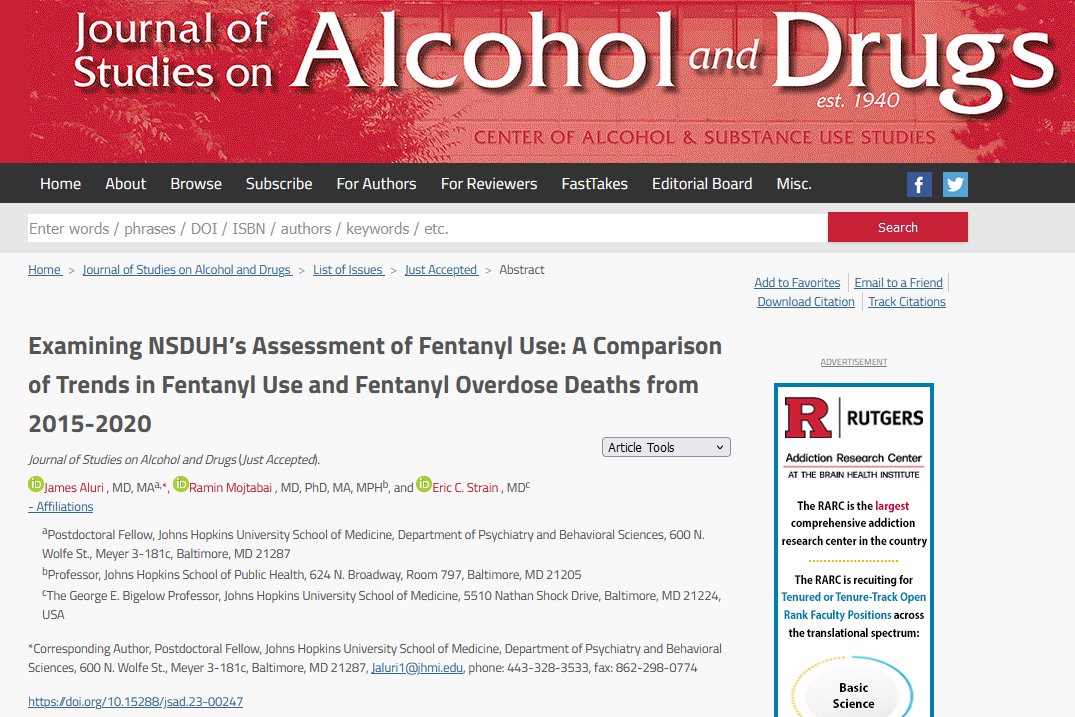 Examining NSDUH’s Assessment of Fentanyl Use: A Comparison of Trends in Fentanyl Use and Fentanyl Overdose Deaths from 2015-2020 (just accepted in @JSADjournal) @JohnsHopkinsSPH @JohnsHopkins @JHSPH_CMAP @JohnsHopkinsDMH @HopkinsPsych @HopkinsMedicine jsad.com/doi/abs/10.152…