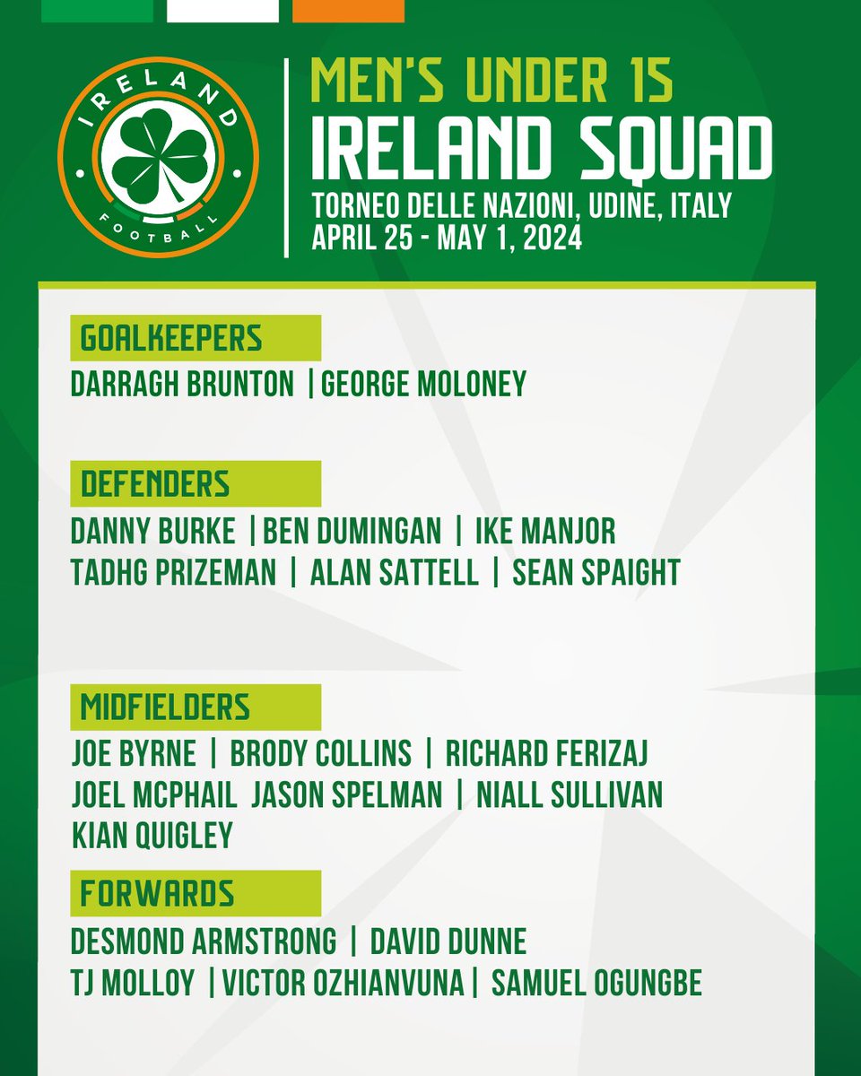 MU15 Head Coach Jason Donohue has named a 20-player squad for a tournament in Italy this week ☘️ Thu, April 25 | 🇦🇪 v 🇮🇪 Sat, April 27 | 🇮🇪 v 🇲🇰 Full squad and match details 👉 fai.ie/latest/mu15-sq… #IRLU15 | #COYBIG