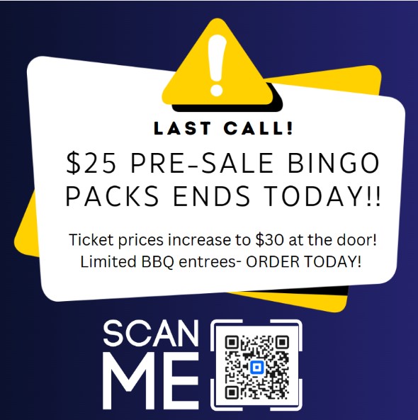 😩Don't be left out! TODAY is the LAST CALL ◀for #PTA Bobcat Bingo packs. Take advantage of the lower price & help us raise much-needed 💲💲 for our campus. Gonna be hungry? Order dinner w/ the QR as well.😉 We can't wait to see you Saturday for Bingo! ❤️💙🐾🥰 #WeAreMiller