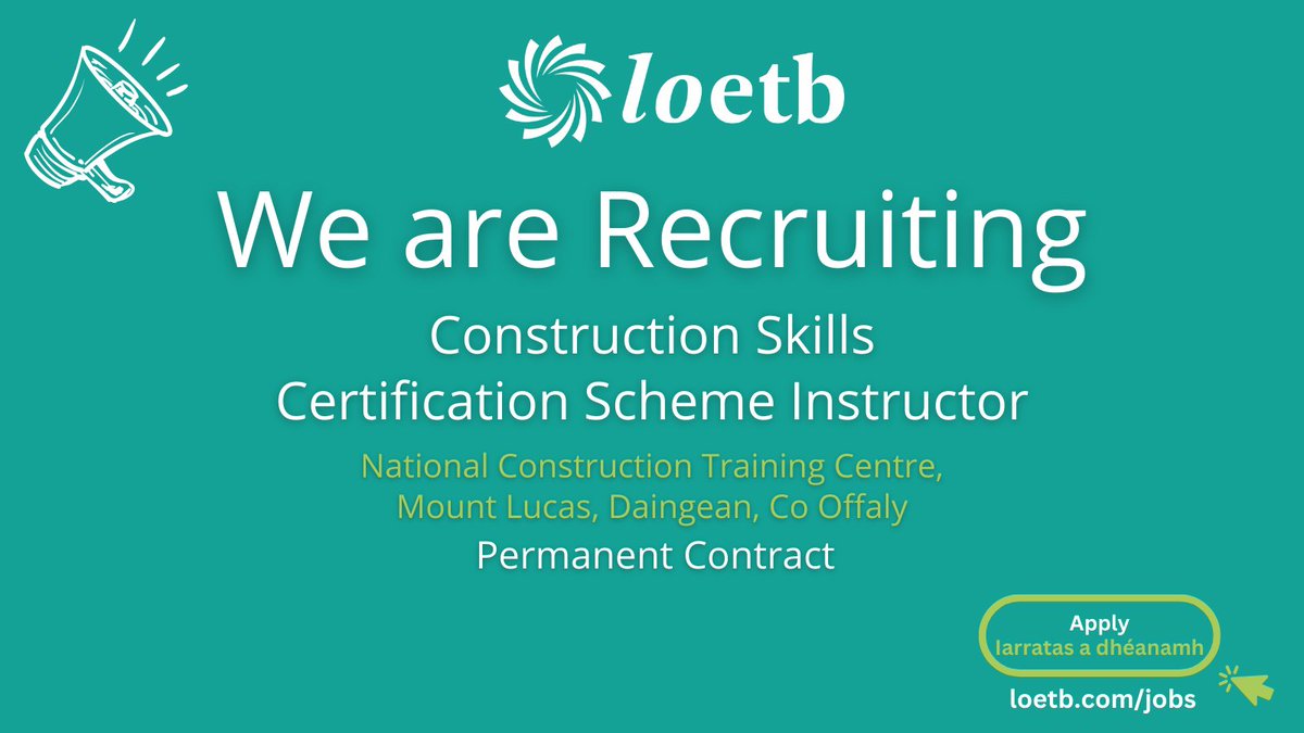 Applications are invited for the following Permanent contract post: Construction Skills Certification Scheme Instructor, based in @mountlucastc Applications in respect of the above post must be made on the appropriate form which is available at loetb.com/jobs #LOETB