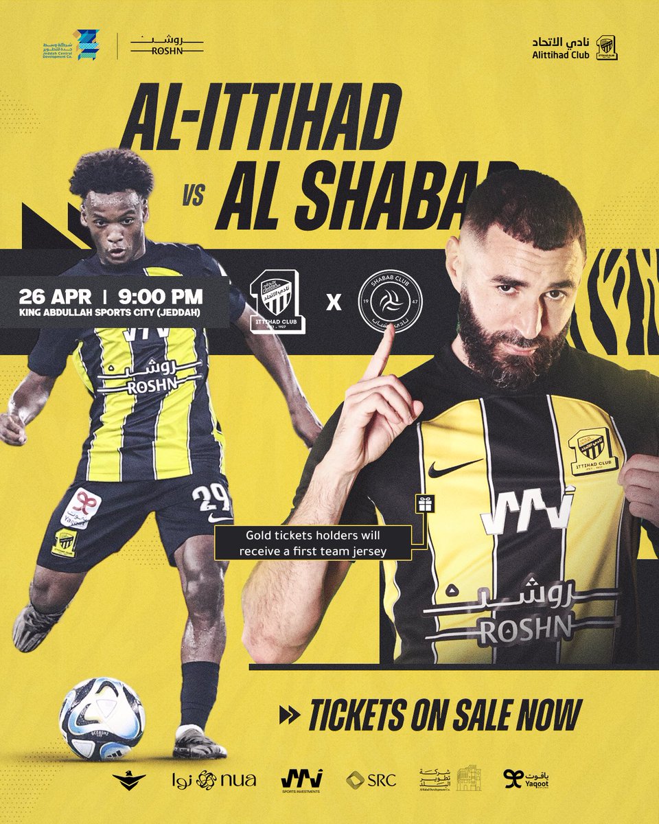 🎫 Tickets are now on sale for the #Alittihad_AlShabab match as part of the Roshn Professional League. Get your tickets here: 👇 —Receive the first team's official kit with every gold ticket purchased for this game 🤩 tickets.ittihadclub.sa/en/match/roshn…