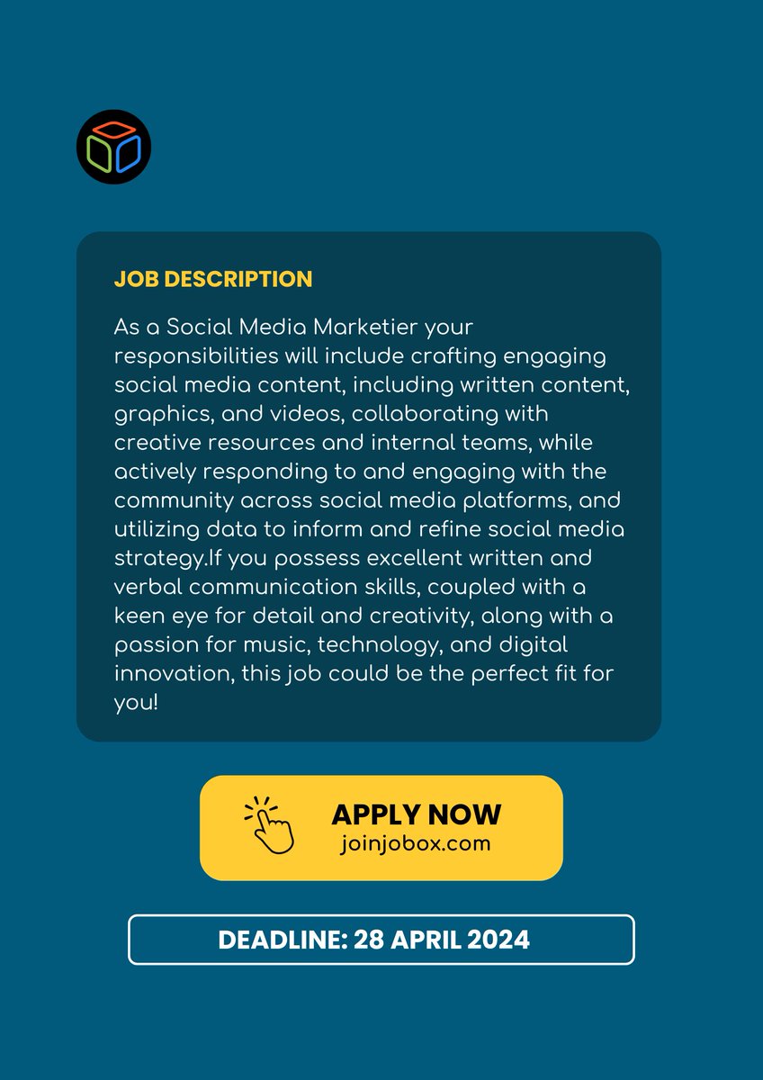 🚨 UPDATE! 🚨
The deadline extended to Sunday, 28th of April! 

💼 Position: Social Media Marketier

🏢 Company: Revelator

⌛️ New Deadline: 28 April, 2024

Sound interesting? Head over to apply (LINK BELOW) 👇🏾

#jobox #JobSeekersSA #JobVacancy #SouthAfrica #ApplyNow