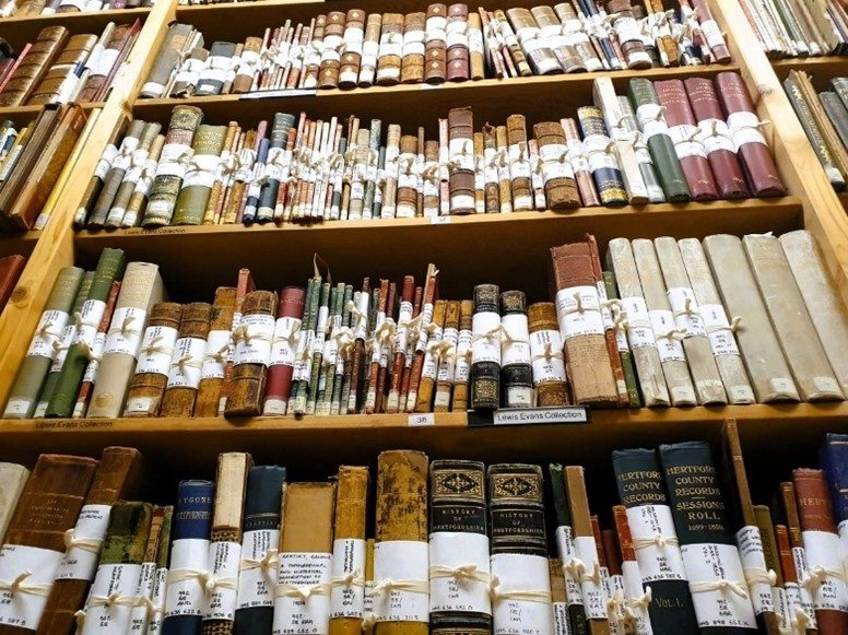 Here’s a view from our Rare Book room at Hertfordshire Archives, where we keep some fascinating books from the past. The books here date back to the 16th century so need particular care. Many of them have beautiful binding and gilded pages.