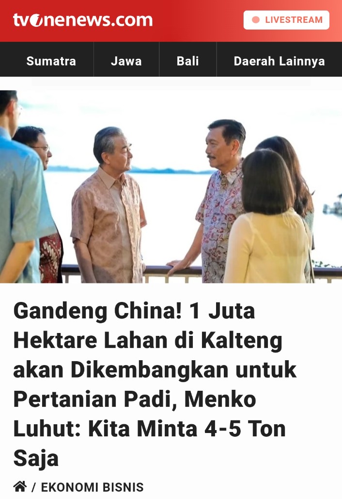 Bakal terjadi perampasan tanah dan pengusiran besar-besaran orang Dayak dan Melayu Kalimantan. Mereka akan digantikan oleh petani dari Cina. Sialnya lagi, penguasa mendatang adalah kelanjutan dari yang sekarang.