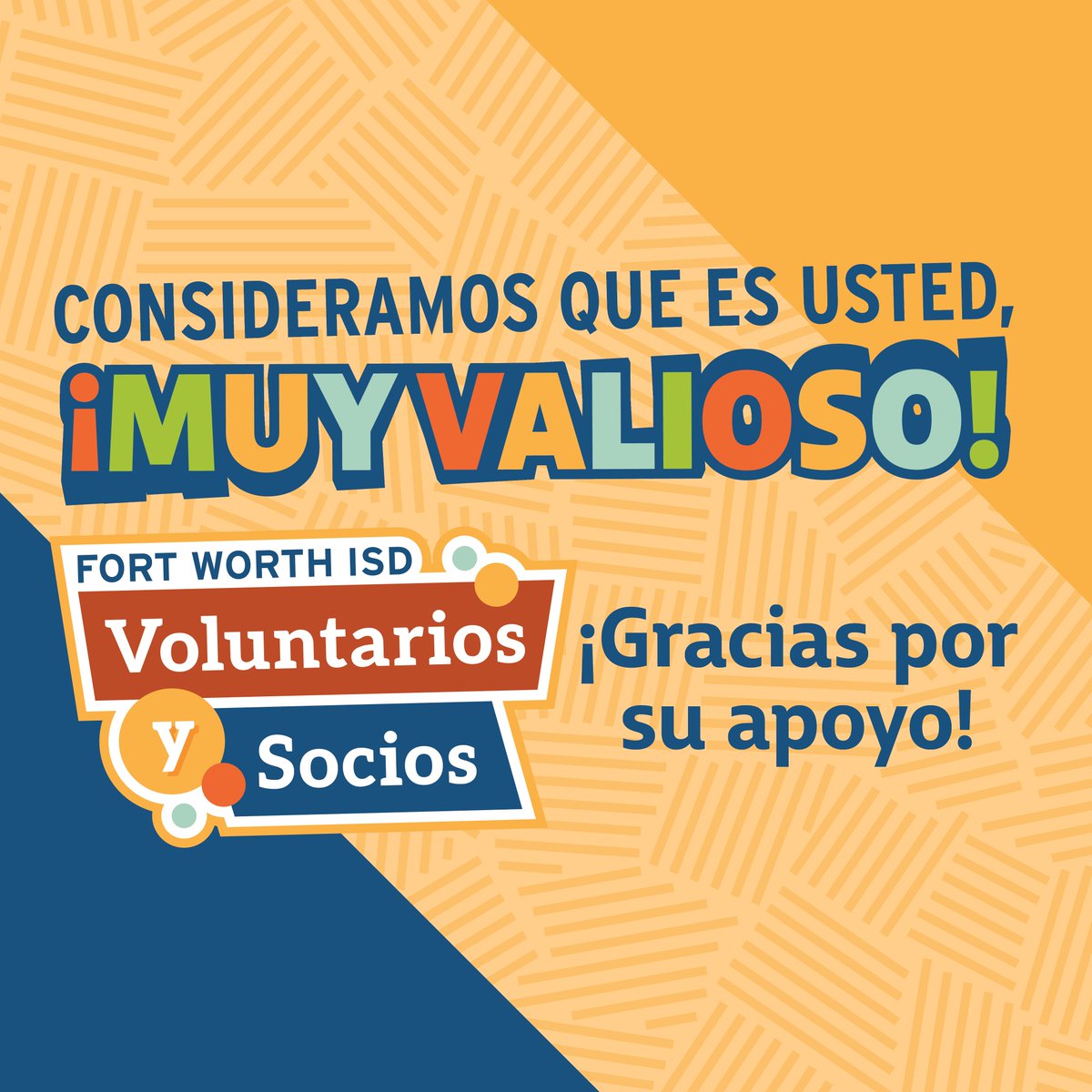 Esta Semana de Apreciación de Socios y Voluntarios, ¡estamos enviando un enorme GRACIAS a todos los increíbles socios y voluntarios de Fort Worth ISD! 🎉 Su dedicación y entusiasmo nos inspiran cada día. ¡Gracias por ser los héroes de nuestra comunidad! #OneFWISD