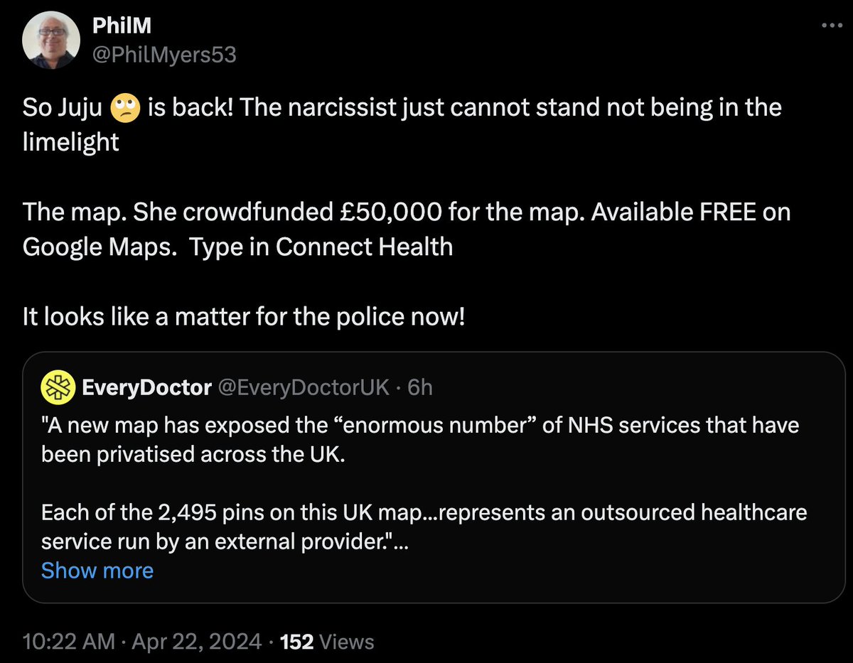 Another vicious attack on Our Doc Juju by the hated Hard-Right Labour supporter, PhilM, who Hate Claims that Our Doc's Totally Useful Interactive Map (for which she crowdfunded the trifling sum of £50K) can actually be obtained for approx. £0.00 from Our Far-Right Google Maps! 😅