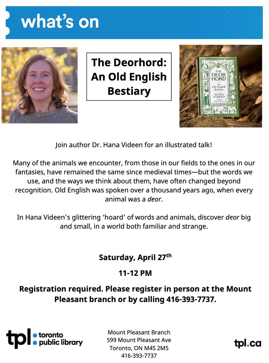 Just a reminder that my free talk on Old English, animals and medieval bestiaries is this Saturday at @torontolibrary's Mount Pleasant Branch! More info here: events.tplcs.ca/8457