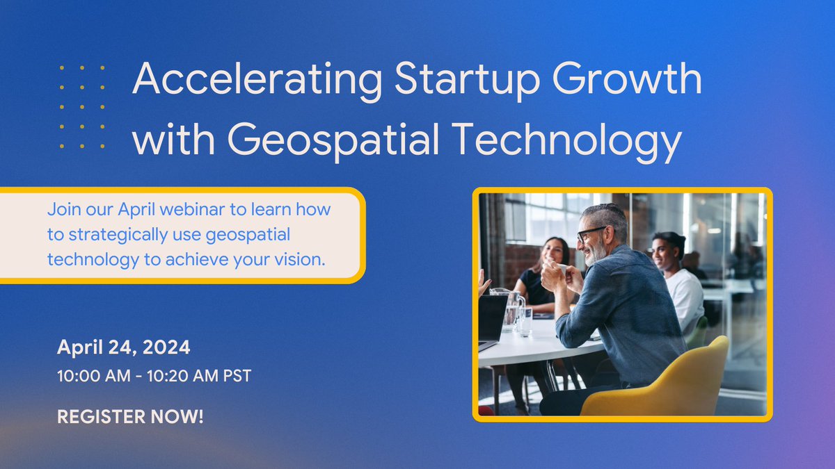 Startups need ways to stand out in the market, and geospatial technology helps you do just that! → goo.gle/3vVPN0H 📆 Join us tomorrow, April 24, at 10 AM PT to learn how geospatial intelligence can help your business grow. Register now!