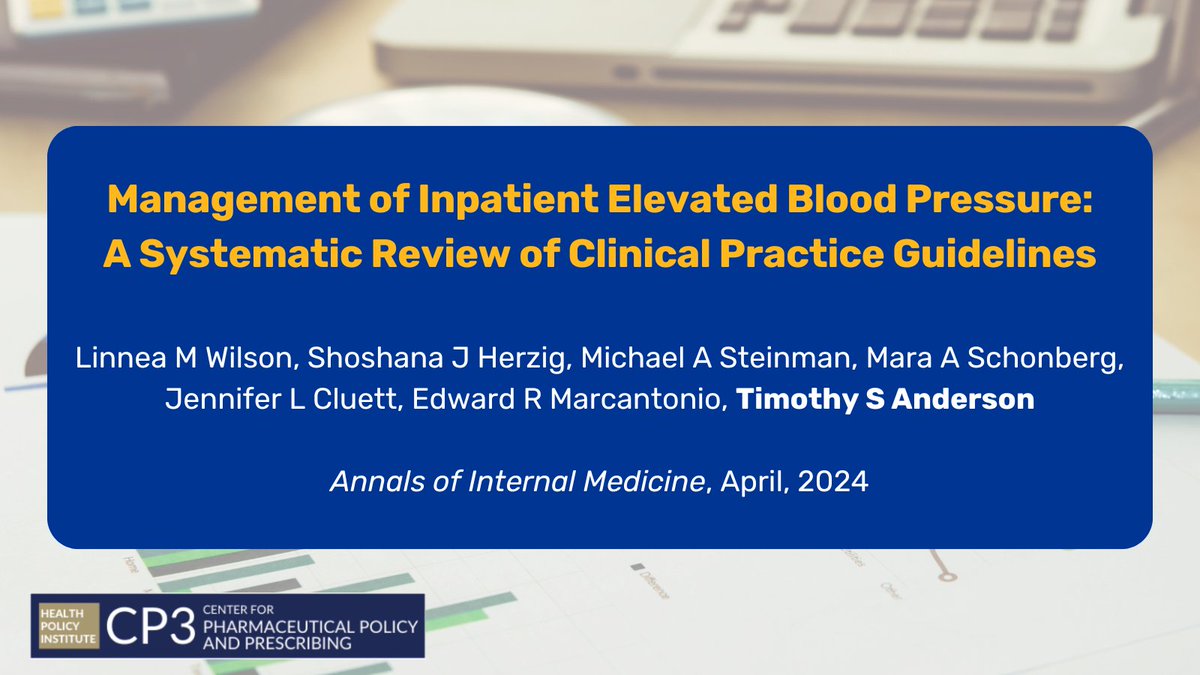 CP3's @TimAndersonMD was part of a team that reviewed clinical practice guidelines for managing elevated BP for inpatients. They found little guidance for management w/o symptoms. More @AnnalsofIM: acpjournals.org/doi/10.7326/M2…