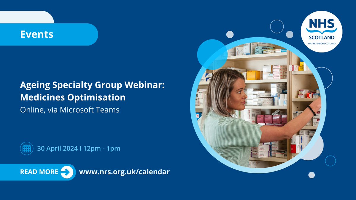 On 30 April, NHS Research Scotland's Ageing Group will host a webinar on the topic of 'medicines optimisation'; they will be joined by guest speaker @DebiBhattachar, Professor of Behavioural Medicine @uniofleicester. Register to attend 👉 bit.ly/49HTFjL