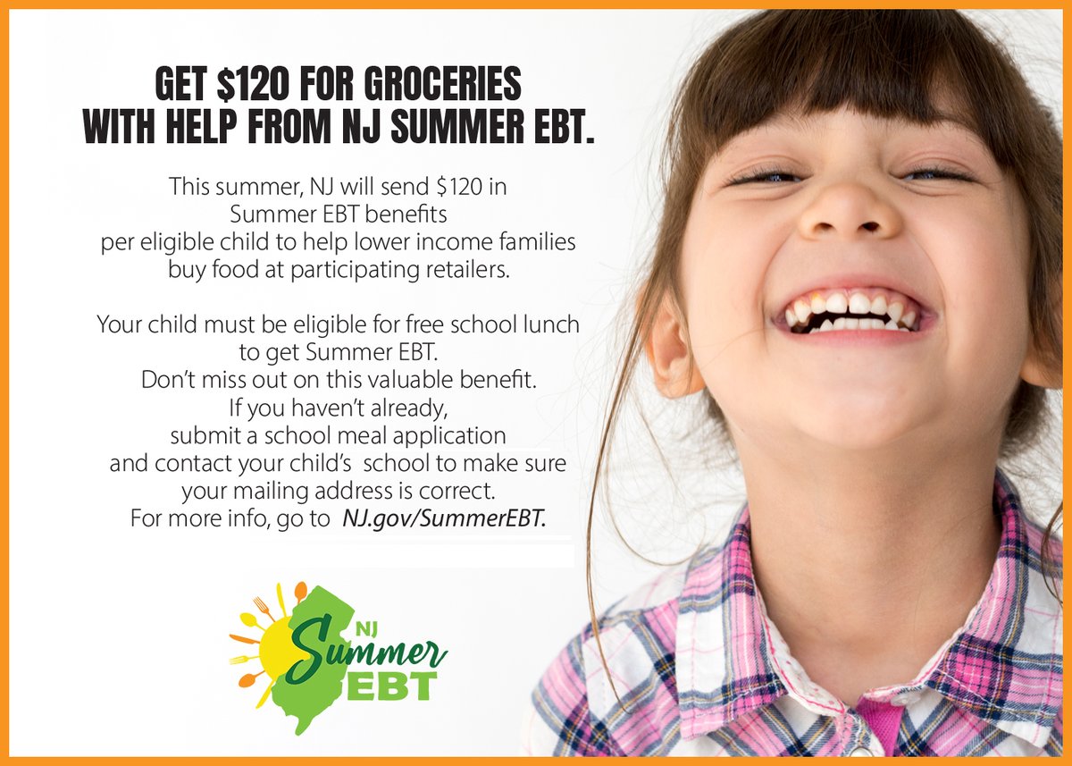 This summer New Jersey is participating in the new #SummerEBT program, which will help reduce child hunger by providing benefits to families with eligible school-age children for groceries. #SummerFood #NJSummerFun #NJSummerEBT