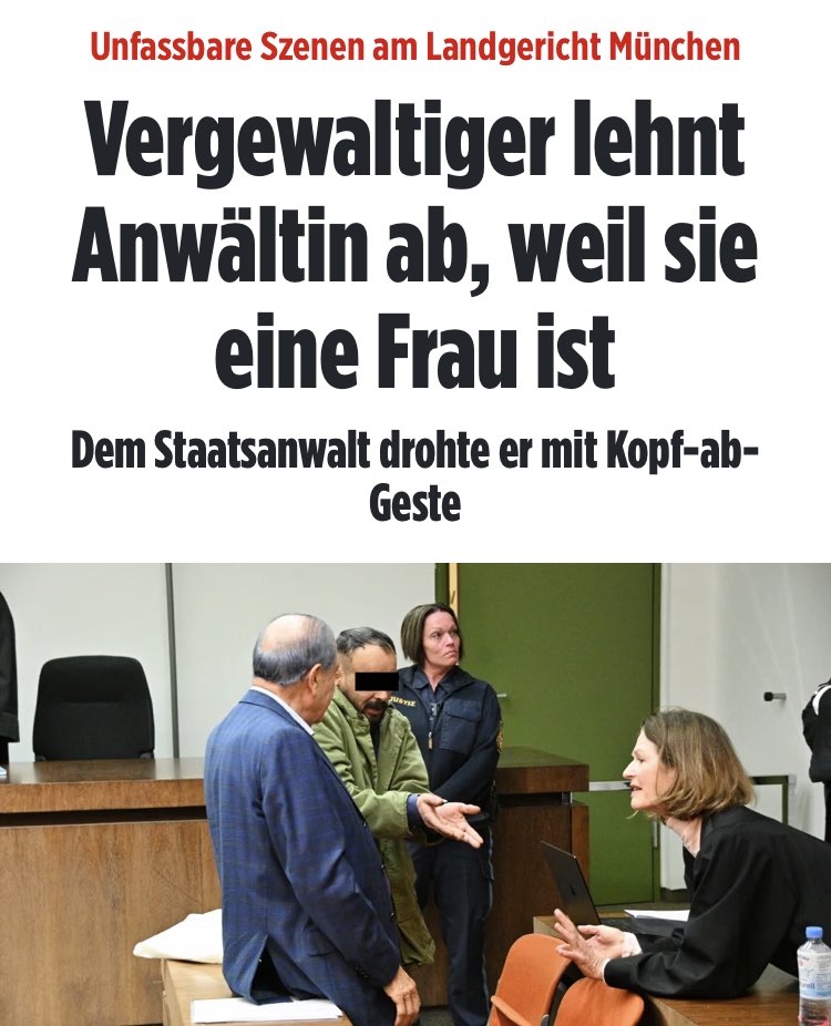 Das ist ja unerhört…was fällt diesen deutschen Gutmenschen eigentlich ein, dem strenggläubigen Fadi eine Frau als Anwältin zu stellen?! 'Fadi M. (40) kam pöbelnd in den Gerichtssaal, bedrohte den Staatsanwalt mit einer Kopf-ab-Geste. Dann lehnte er seine Anwältin ab, weil sie