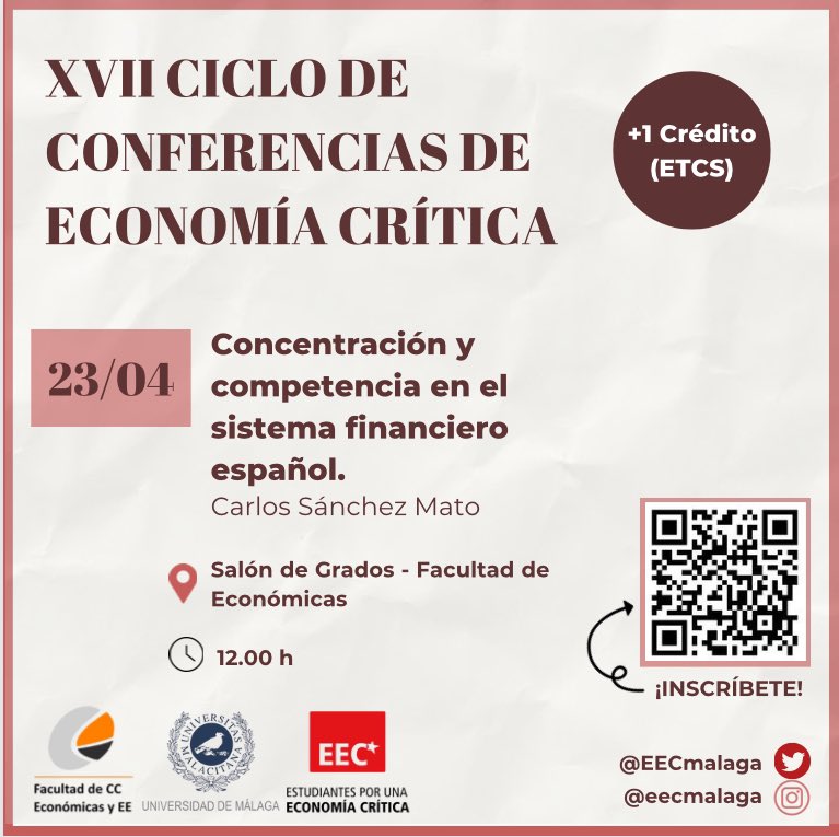 Mañana tenemos una nueva charla en el XVII ciclo de economía crítica con <a href="/carlossmato/">Carlos Sánchez Mato🔻✳️</a> sobre la concentración y competencia en el sistema financiero español.
Os esperamos a todas!!