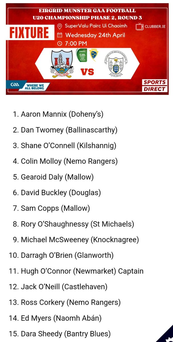 Congratulations to Aaron Mannix, who was been named to start in goal for the Cork U20 footballers v Clare this Wednesday at 7pm in Pairc Ui Chaoimh 🇧🇭