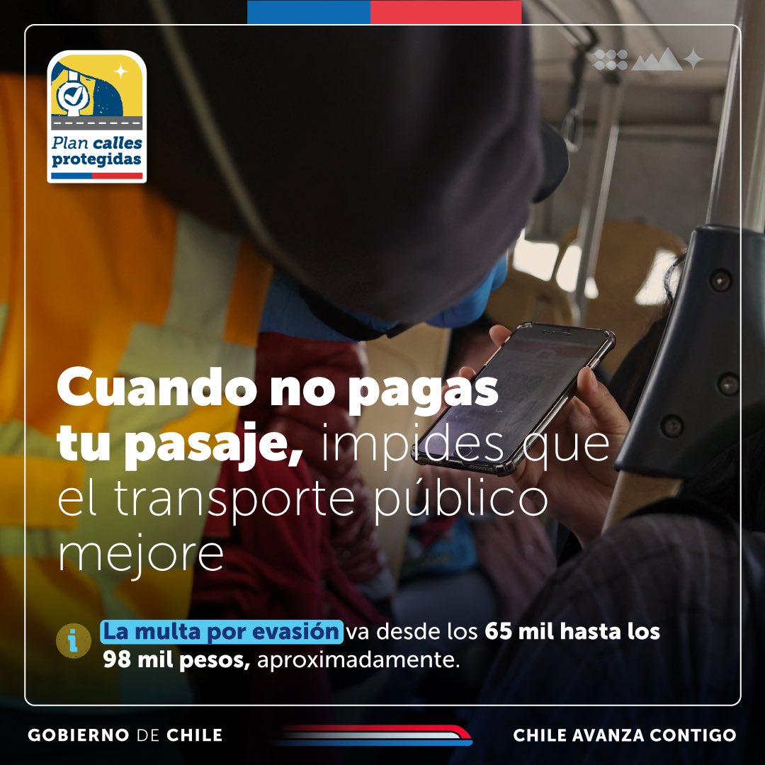 Cuando pagas tu pasajes estás ayudando a que mejore el sistema de transporte público, con más tecnología, más buses y más servicios 🚍. Si evades te expones a una multa de hasta 98 mil pesos.