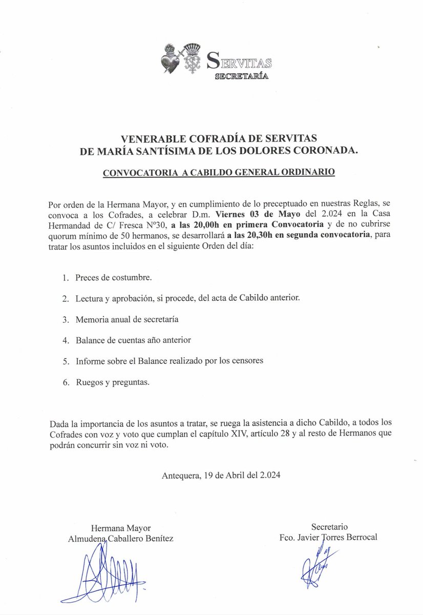 ServitasATQ's tweet photo. La Hermana Mayor de la Venerable Cofradía de Servitas,convoca a Cabildo General Ordinario a todos nuestros hermanos de pleno derecho, el próximo viernes 03 de Mayo a las 20:00 horas en primera convocatoria y a las 20:30 en segunda.
📍 Casa-Hermandad, C/ Fresca n°: 30. https://t.co/SOyiunANgv