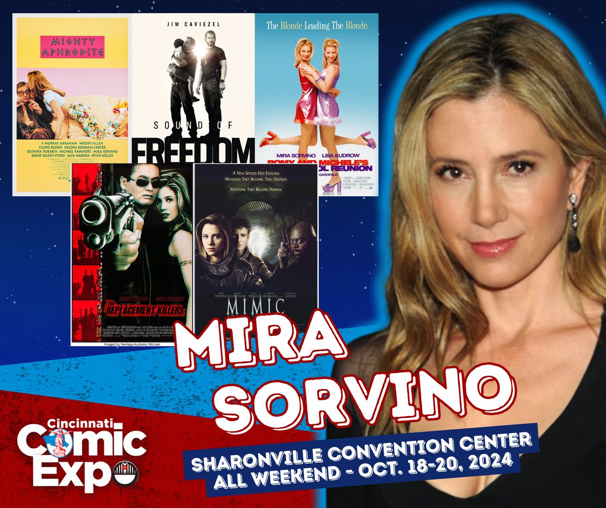 Award winning actress @MiraSorvino will join us at the Expo! Fans know her from Mighty Aphrodite, Romy & Michelle's High School Reunion, Mimic, The Replacement Killers, Human Trafficking, American Crime Story, and recently on Shining Vale. Get tickets: tinyurl.com/bdaz3reb