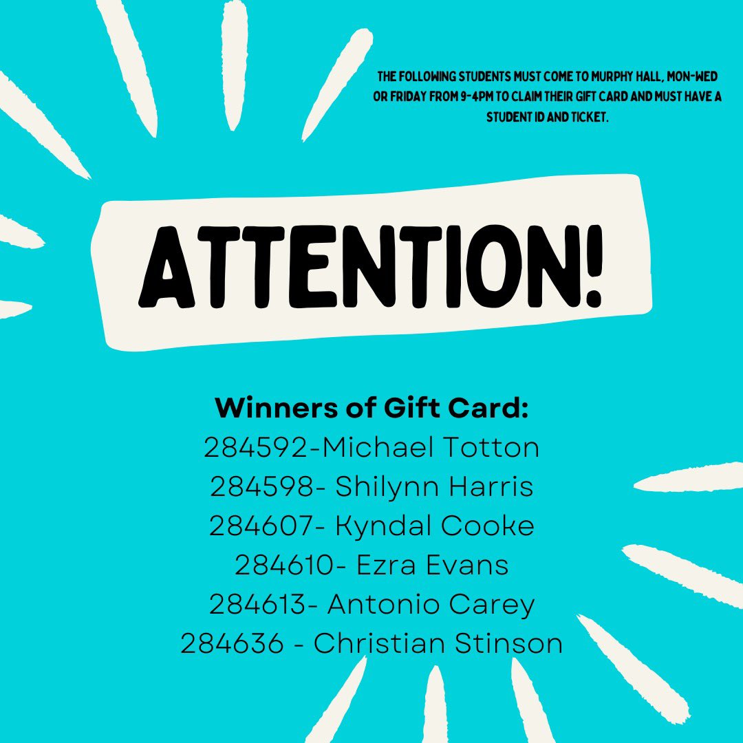 🌟 Big shoutout to our gift card winners! 🎉 Swipe left to see if your number made the list. Don't forget to stop by Murphy Hall to claim your prize! #WinnerCircle #GiftCardGiveaway #StudentLife