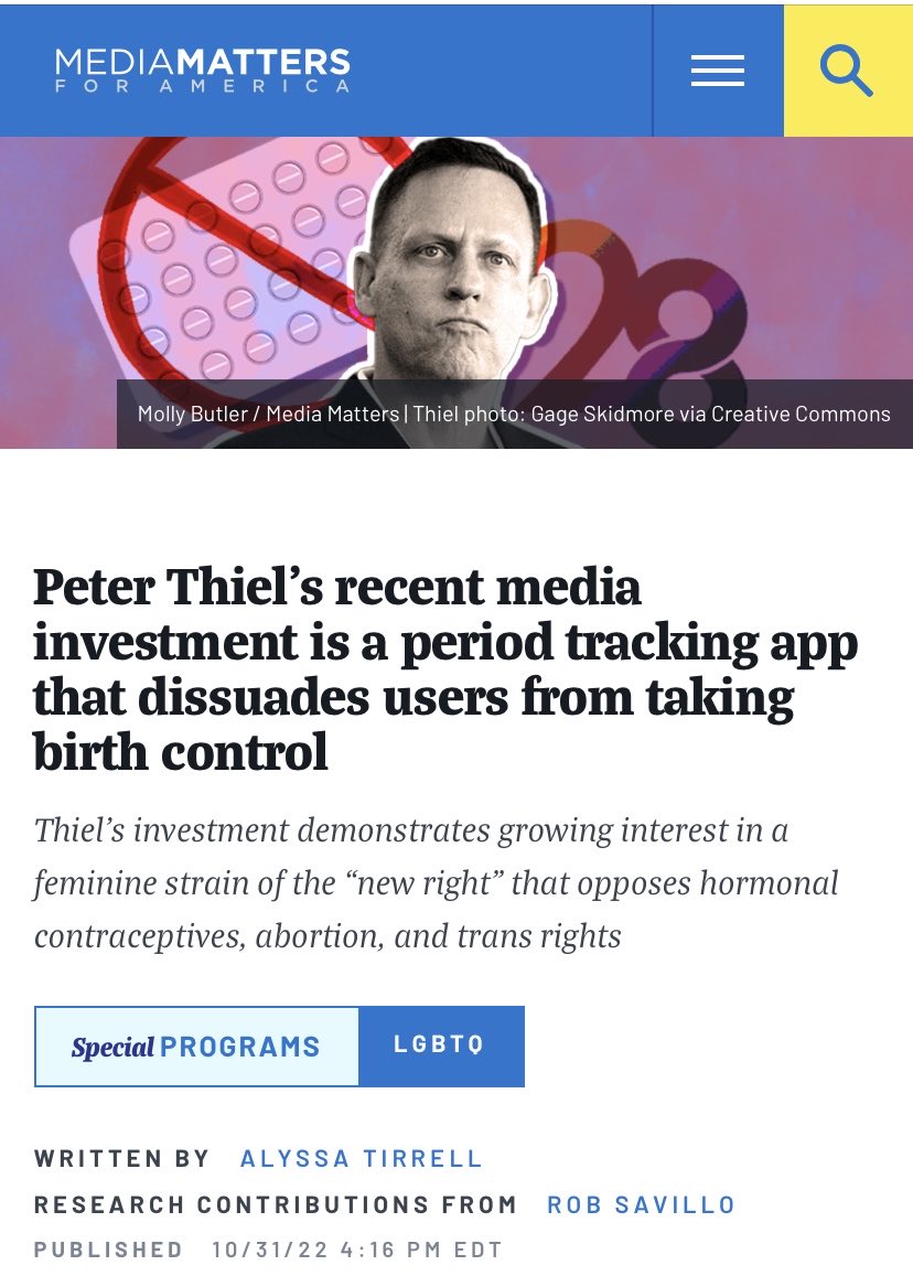 Peter Thiel has invested in a “period tracking app that dissuades users from taking birth control” (It was Thiel who bankrolled JD Vance’s last campaign. Vance is on Trump’s VP short list.) 10/31/22 1/ mediamatters.org/peter-thiel/pe…