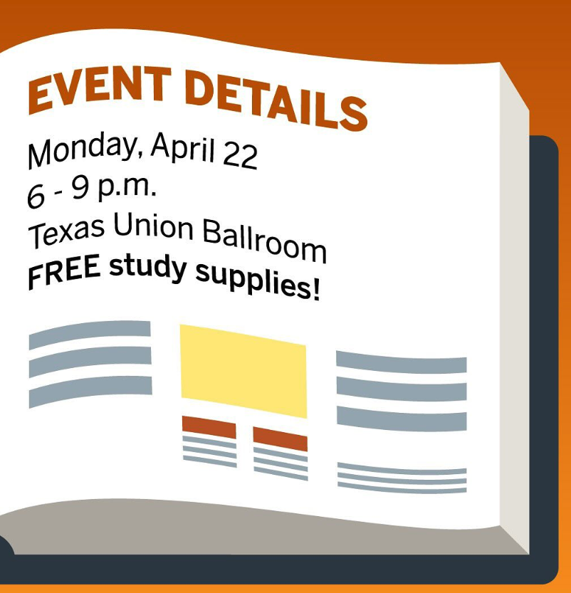 It's the last week of classes, #Longhorns, & our team has programs & resources to help you finish strong! 

Hit the books, work on your final projects & grab free study supplies at tonight's study break event hosted by @UTDoS. 

#LivingTheLonghornLife