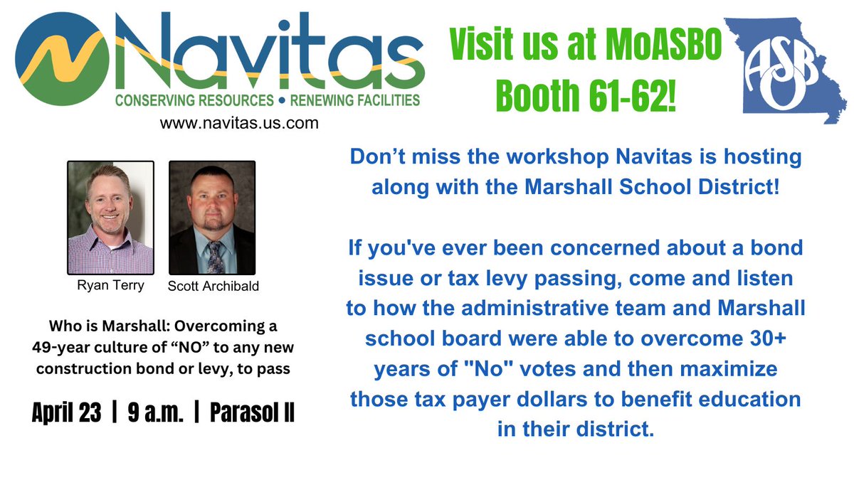 We are at MoASBO in Lake of the Ozarks this week. Stop by our booth and say hello! Also, don't miss our presentation tomorrow!

#NavitasKC #conservingresources #renewingfacilities #buildingoptimization #energysavings #MoASBO #MoASBO2024