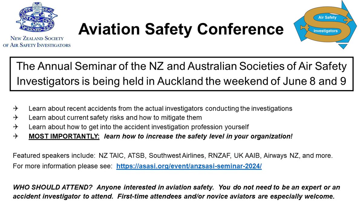 The New Zealand and Australian Societies of Air Safety Investigators invite anyone interested in aviation safety to their annual air safety conference.
Early bird special pricing ends 01 May.
🗓️Sat and Sun, 08–09 June 2024
Learn more and register here: asasi.org/event/anzsasi-…