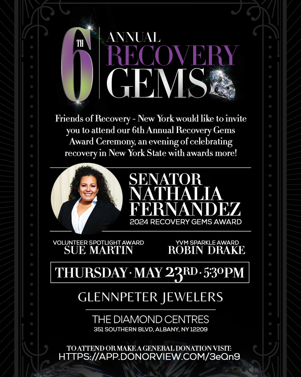 Join Friends of Recovery - New York as we celebrate an evening of contributions in the Recovery Community with the 6th Annual Recovery Gems Awards Ceremony on May 23, 2024 from 5:30 p.m.-7 p.m. To register visit loom.ly/HZARin4