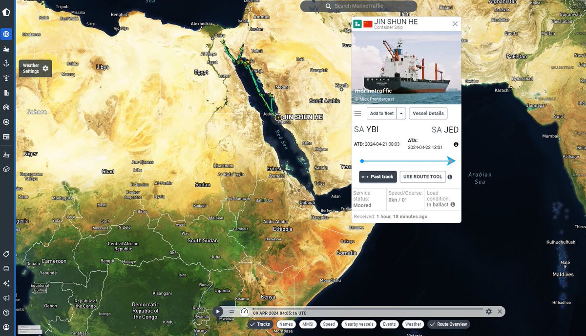 Red Sea Thread
1/4 On April 9, the Chinese-flagged container ship Jin Shun He (IMO 9144316) left the Red Sea port of Jeddah, Saudi Arabia, and sailed north to the port of NEOM. This is the first sailing of the North Red Sea Express (NRX) service launched by Saudi Arabia’s Folk