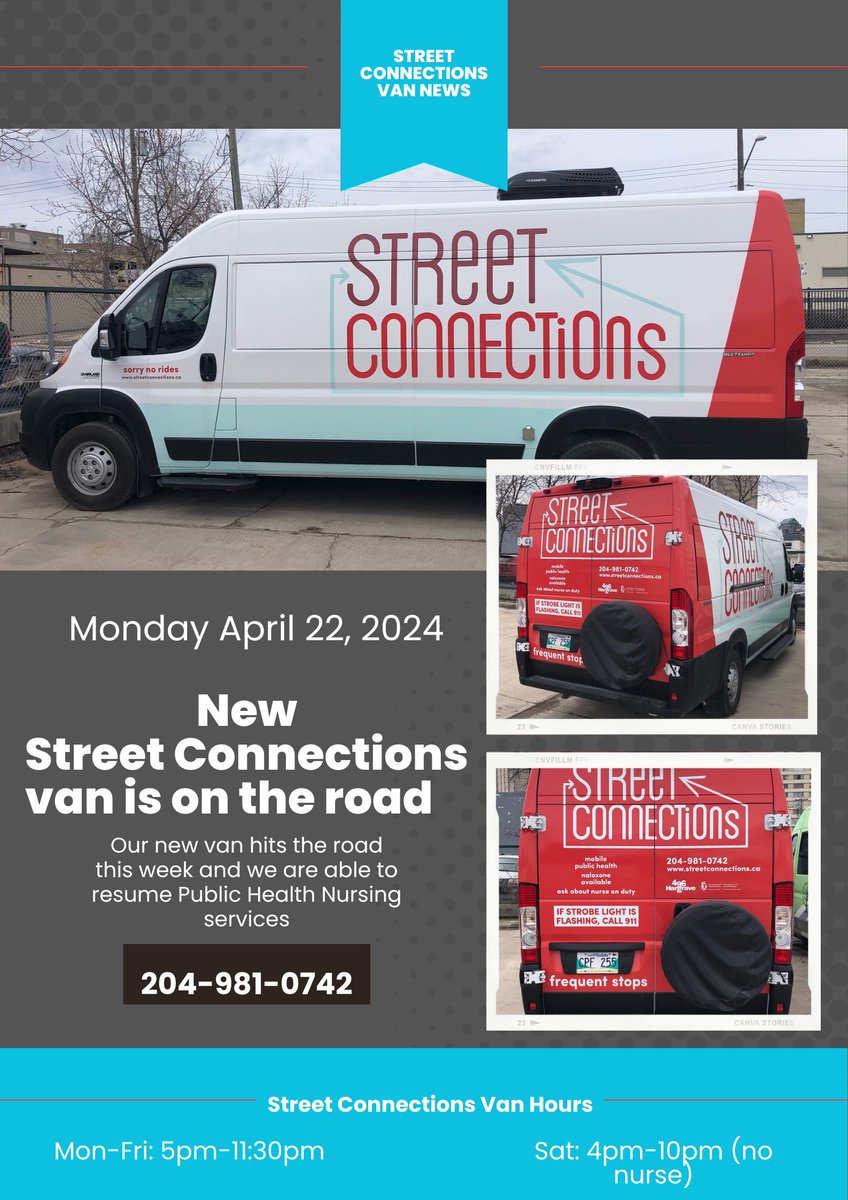 Exciting news in #HarmReduction in Winnipeg: The Street Connections van is back on the road! Street Connections can be reached at 204-981-0742. The van hours are the following: Monday through Friday: 5-1130pm Saturday: 4-10pm (no nurse)