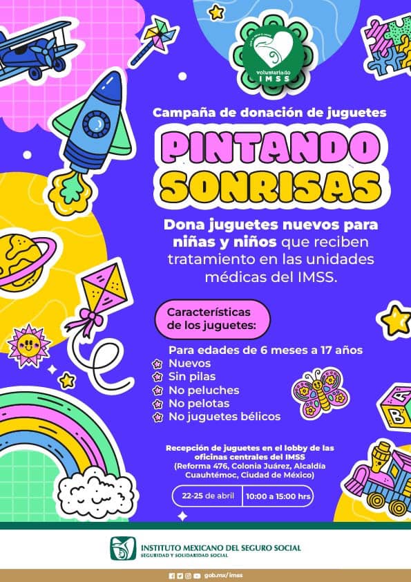 Tu_IMSS's tweet photo. 🧸 Campaña de donación de juguetes #PintandoSonrisas.
🪁 Dona juguetes nuevos para niñas y niños que reciben tratamiento en las unidades médicas del #IMSS.
🗓️ Del 22 al 25 de abril, de 10:00 a 15:00 horas en el edificio central del IMSS, en Av. Paseo de la Reforma 476, CDMX. https://t.co/nQdPW06kGO
