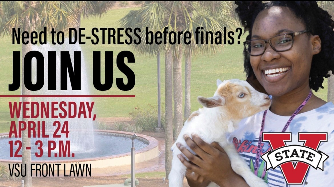 Ready for a relaxation break before finals next week? DeStress Fest is happening tomorrow from noon - 3 p.m. on the Front Lawn. #VState