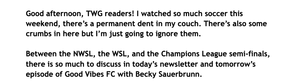 .@sammymewy in today's TWG newsletter, on what her weekend looked like 🤣🛋️⚽️ 📰: Stay up to date on all things women's game and subscribe here! the-womens-game.beehiiv.com/subscribe