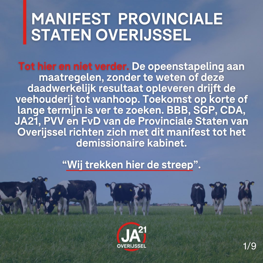 JA21_Overijssel's tweet image. “Bied boeren toekomst!” Dat is de boodschap van het manifest van BBB, CDA, SGP, PVV &amp;amp; JA21. Gezamenlijk vragen we het demissionaire kabinet om te staan voor de toekomst van (jonge) boeren, ook in Overijssel! 🌾🐄 #JA21 #psov  

🧵Draadje!