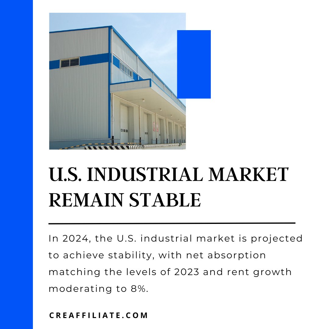 Projected to continue its steady course, the U.S. industrial market in 2024 anticipates balanced growth. A solid foundation for future investments. #IndustrialRealEstate #CommercialRealEstate #RealEstate #RealEstateInvesting