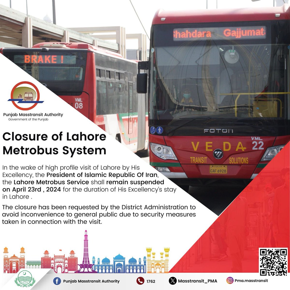 𝐒𝐞𝐫𝐯𝐢𝐜𝐞 𝐀𝐥𝐞𝐫𝐭! 
𝐂𝐥𝐨𝐬𝐮𝐫𝐞 𝐨𝐟 𝐋𝐚𝐡𝐨𝐫𝐞 𝐌𝐞𝐭𝐫𝐨𝐛𝐮𝐬 𝐒𝐲𝐬𝐭𝐞𝐦  #PunjabMasstransitAuthority #PMA #ServiceAlert #GovtofPunjab #GovtofPakistan #Transportdeptt #transportdepartment #Suspended #23rdApril2024