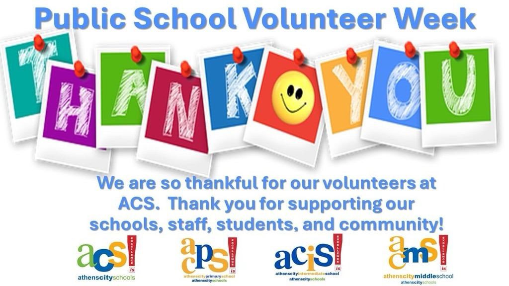 Public School Volunteer Week is April 22-26. School volunteers give their time to help students thrive. Thank you for volunteering at ACS, we appreciate you! #ExcellenceIs